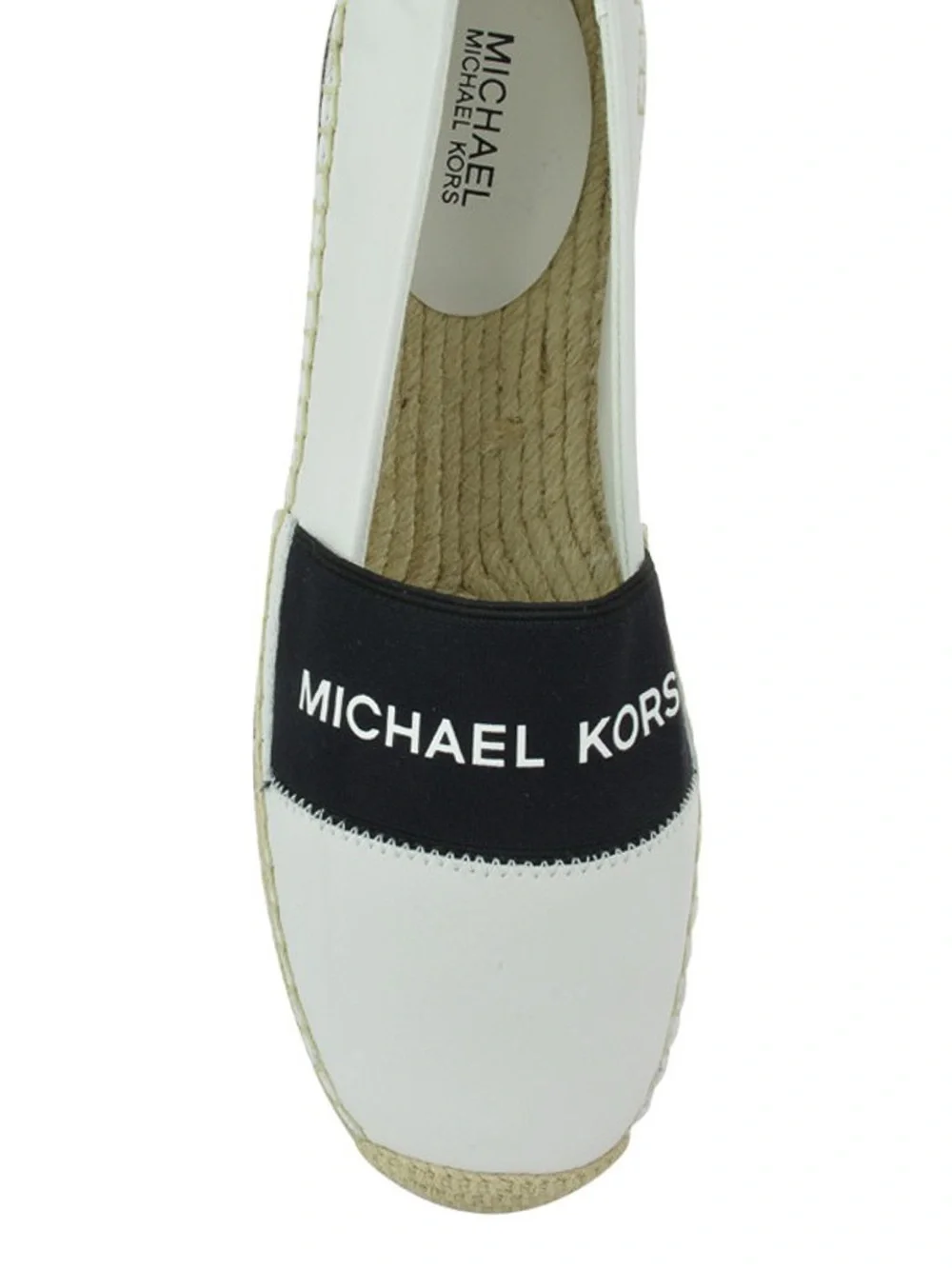 Michael Kors Size 8M White Espadrille Slip-On with Black Logo Band
